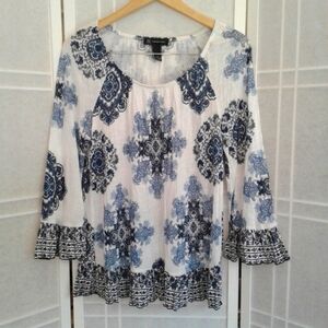 NWOT !  I.N.C white blue rayon tunic mix print top blouse